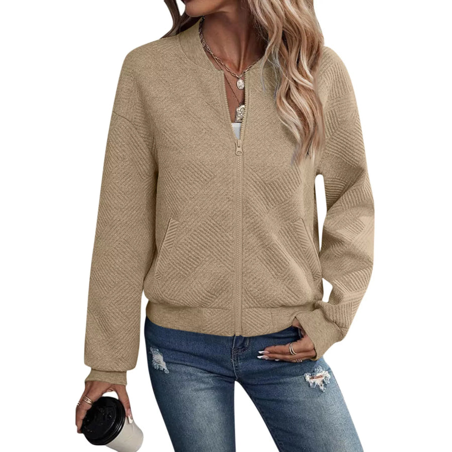Textured Knit Zip-Up Jacket Khaki / S Apparel and Accessories