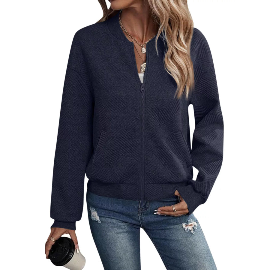Textured Knit Zip-Up Jacket Navy Blue / S Apparel and Accessories