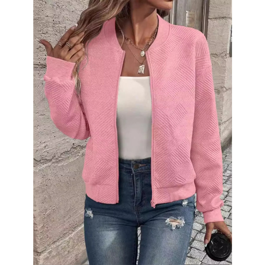 Textured Knit Zip-Up Jacket Pink / S Apparel and Accessories