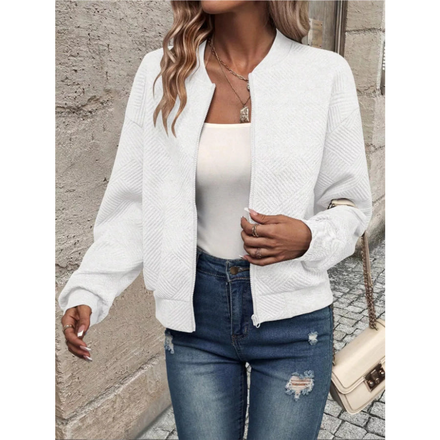 Textured Knit Zip-Up Jacket White / S Apparel and Accessories