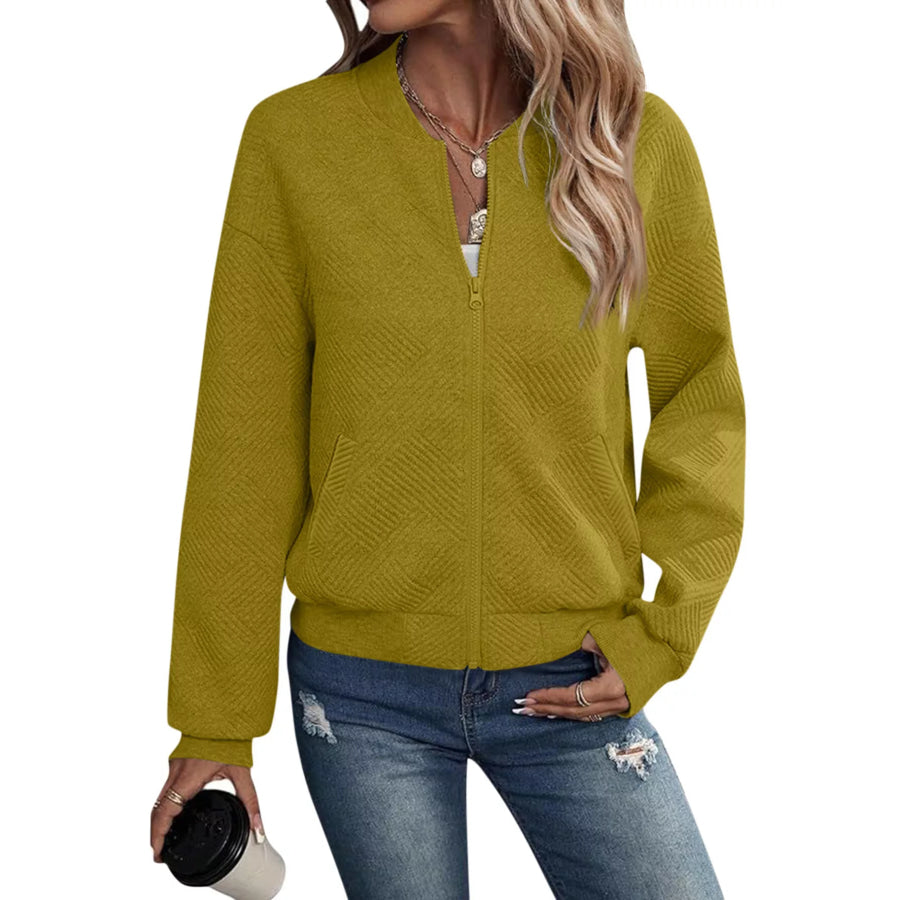 Textured Knit Zip-Up Jacket Yellow-Green / S Apparel and Accessories