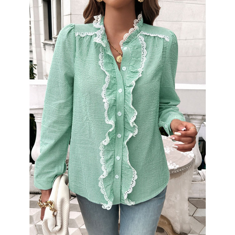 Textured Lace Detail Long Sleeve Shirt Apparel and Accessories