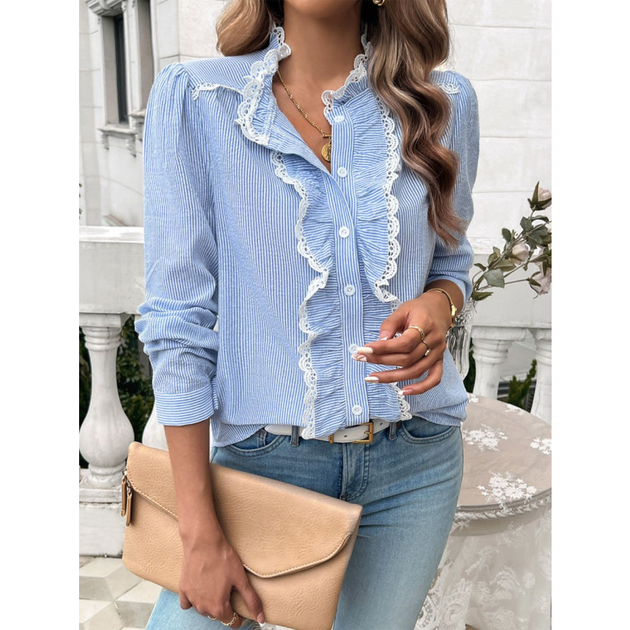 Textured Lace Detail Long Sleeve Shirt Apparel and Accessories