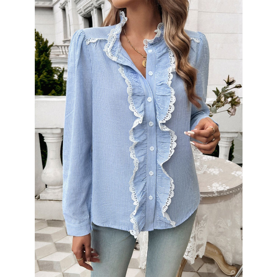 Textured Lace Detail Long Sleeve Shirt Apparel and Accessories