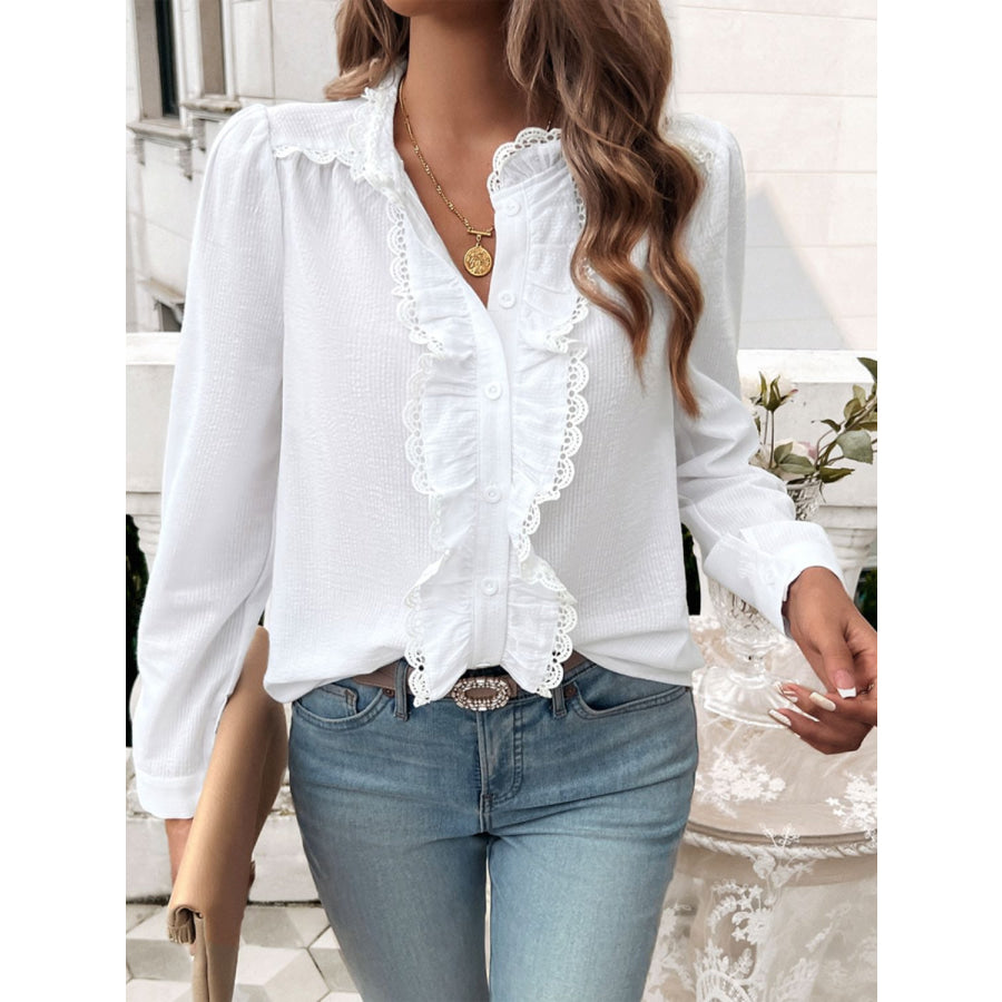 Textured Lace Detail Long Sleeve Shirt Apparel and Accessories