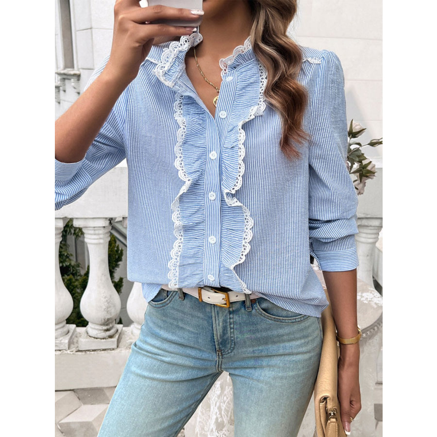 Textured Lace Detail Long Sleeve Shirt Apparel and Accessories