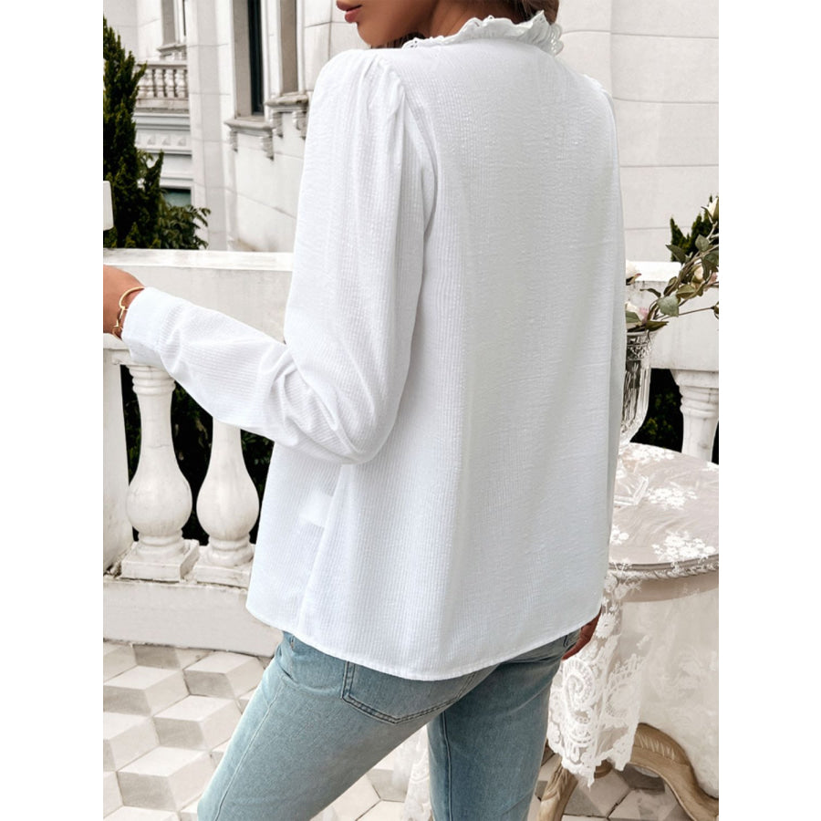 Textured Lace Detail Long Sleeve Shirt White / S Apparel and Accessories