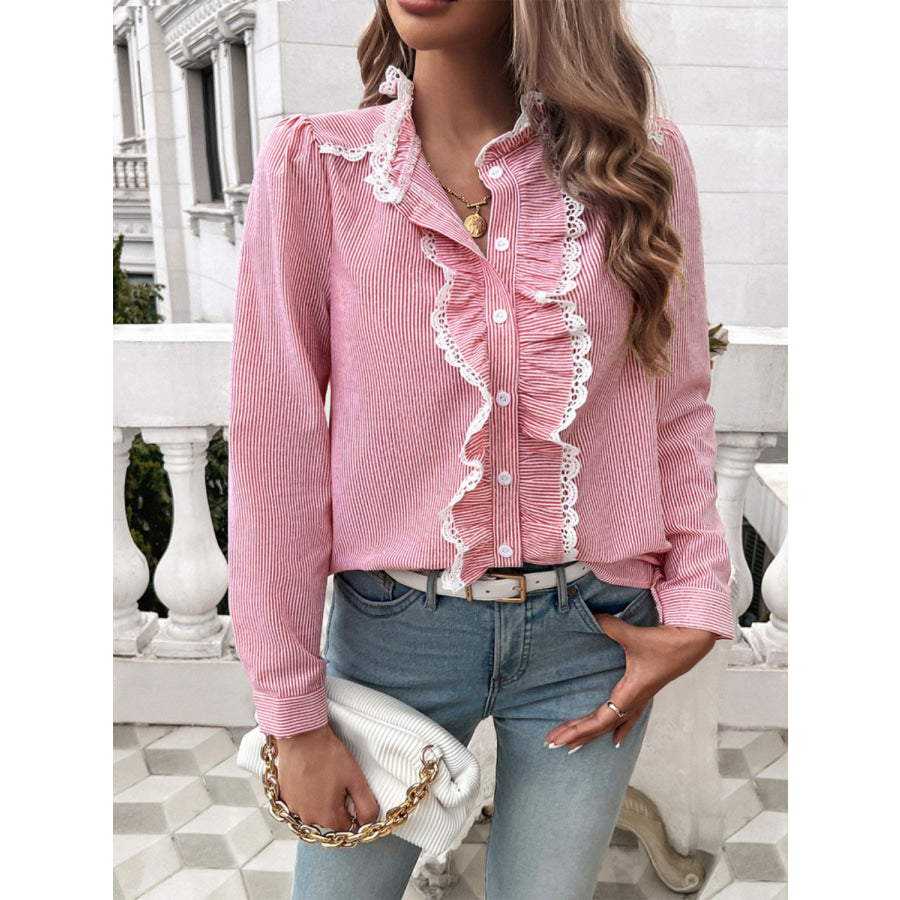 Textured Lace Detail Long Sleeve Shirt Blush Pink / S Apparel and Accessories