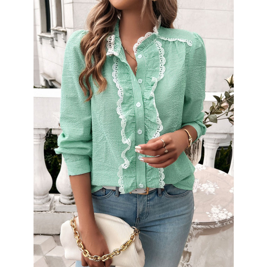 Textured Lace Detail Long Sleeve Shirt Green / S Apparel and Accessories