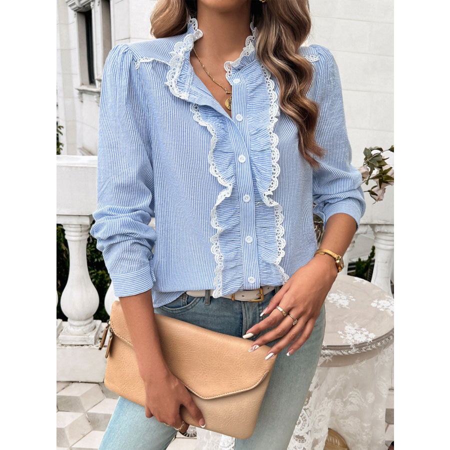 Textured Lace Detail Long Sleeve Shirt Light Blue / S Apparel and Accessories