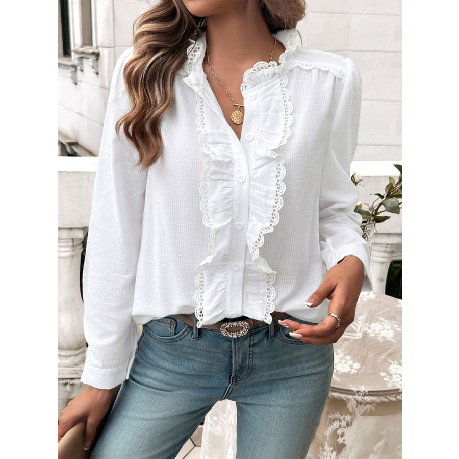 Textured Lace Detail Long Sleeve Shirt White / S Apparel and Accessories