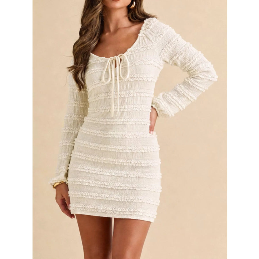 Textured Long-Sleeve Bodycon Mini Dress with Tie-Front Apricot / S Apparel and Accessories