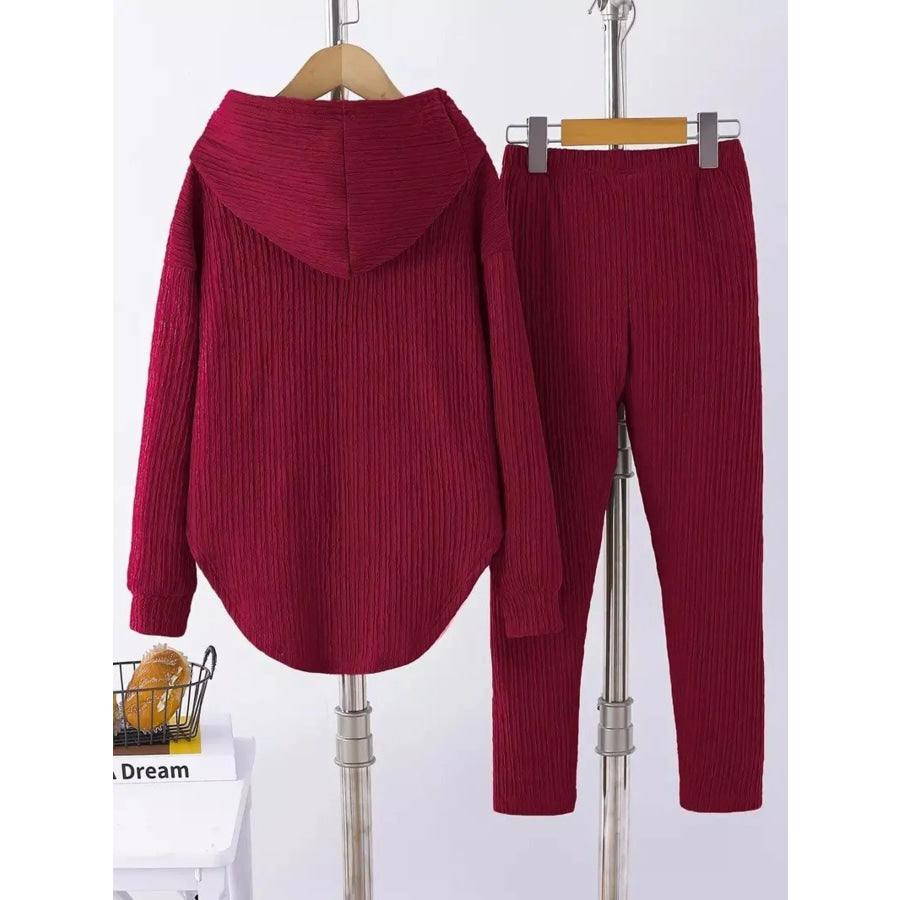 Textured Long Sleeve Hoodie and Pants Set Apparel and Accessories