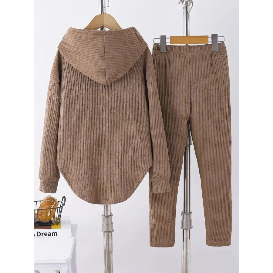 Textured Long Sleeve Hoodie and Pants Set Apparel and Accessories