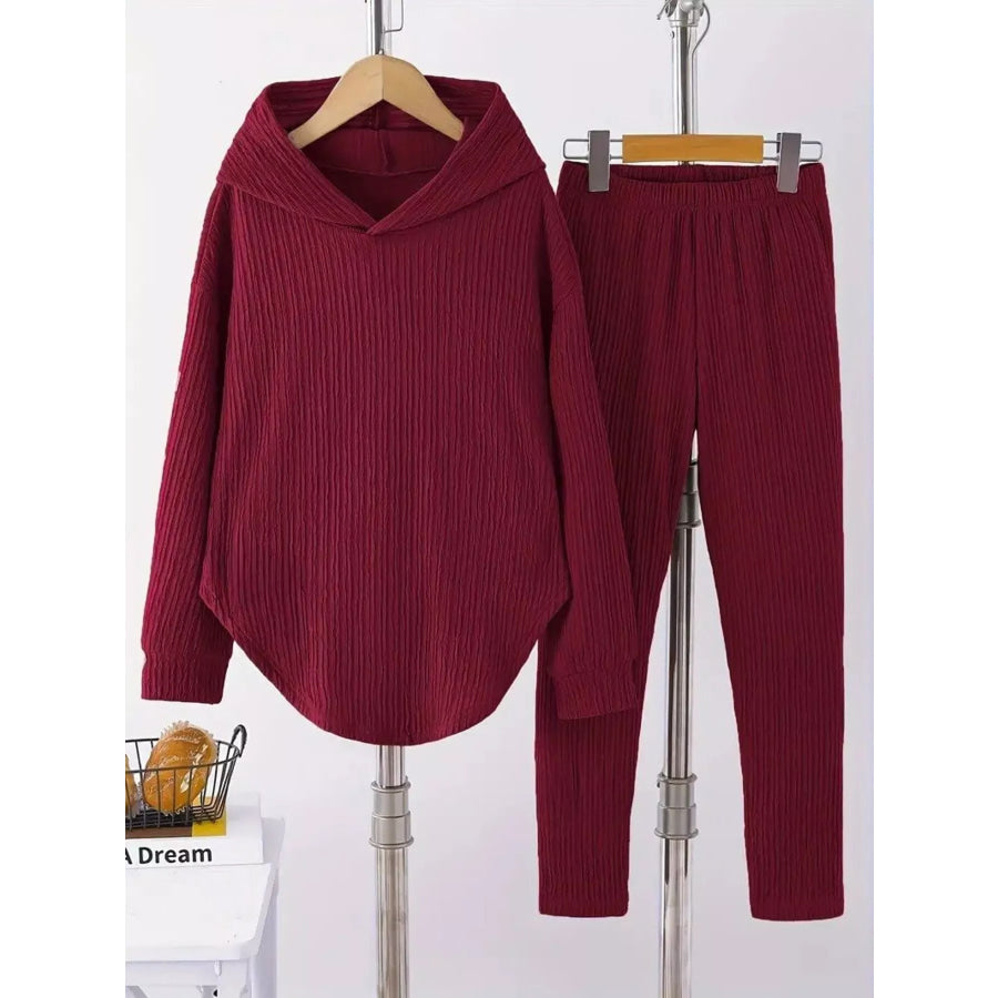 Textured Long Sleeve Hoodie and Pants Set Apparel and Accessories