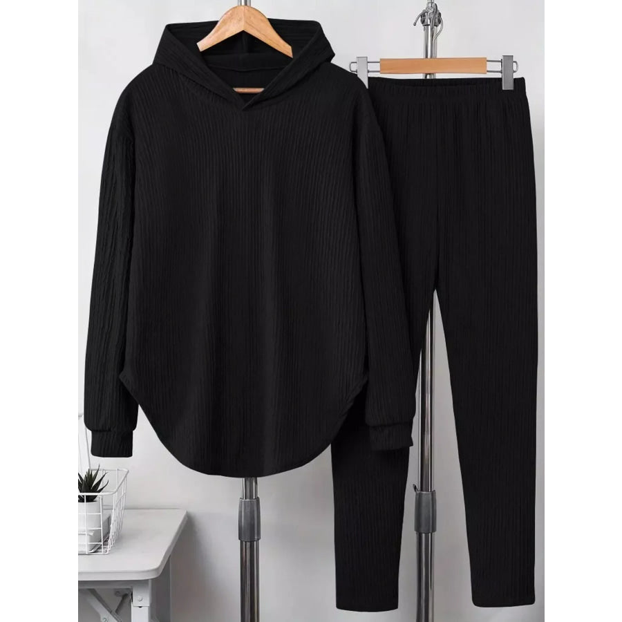 Textured Long Sleeve Hoodie and Pants Set Black / S Apparel and Accessories
