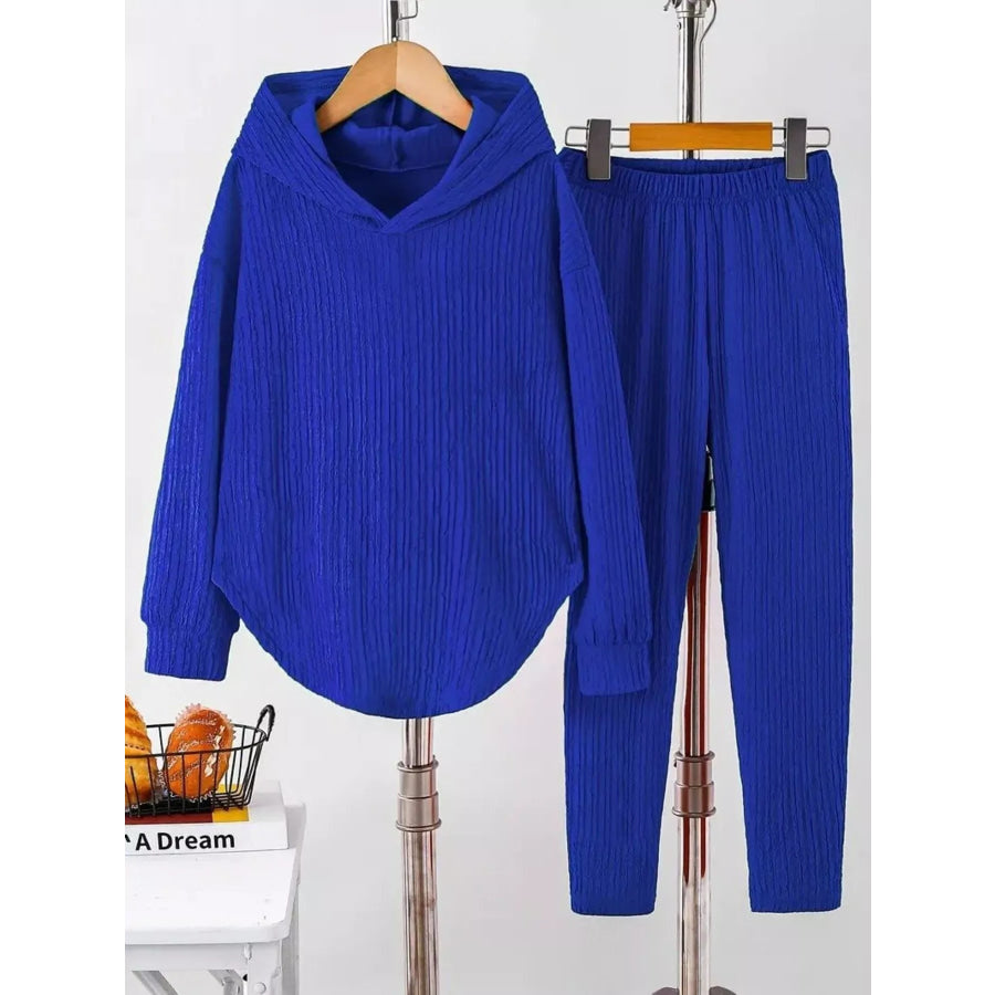 Textured Long Sleeve Hoodie and Pants Set Blue / S Apparel and Accessories