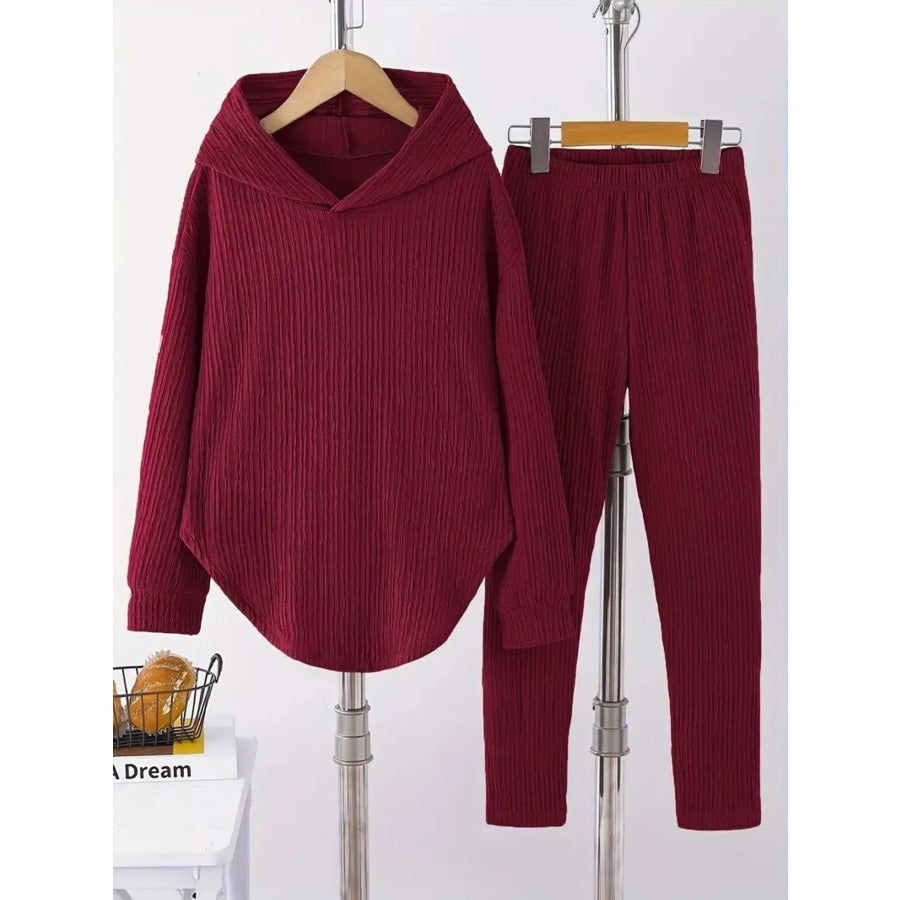 Textured Long Sleeve Hoodie and Pants Set Burgundy / S Apparel and Accessories