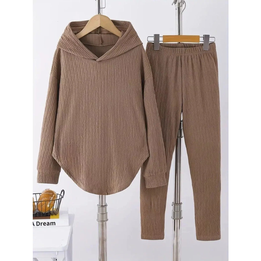 Textured Long Sleeve Hoodie and Pants Set Khaki / S Apparel and Accessories