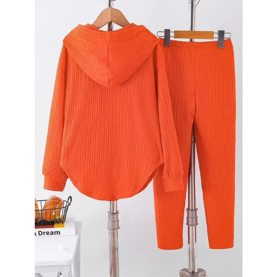 Textured Long Sleeve Hoodie and Pants Set Orange / S Apparel and Accessories
