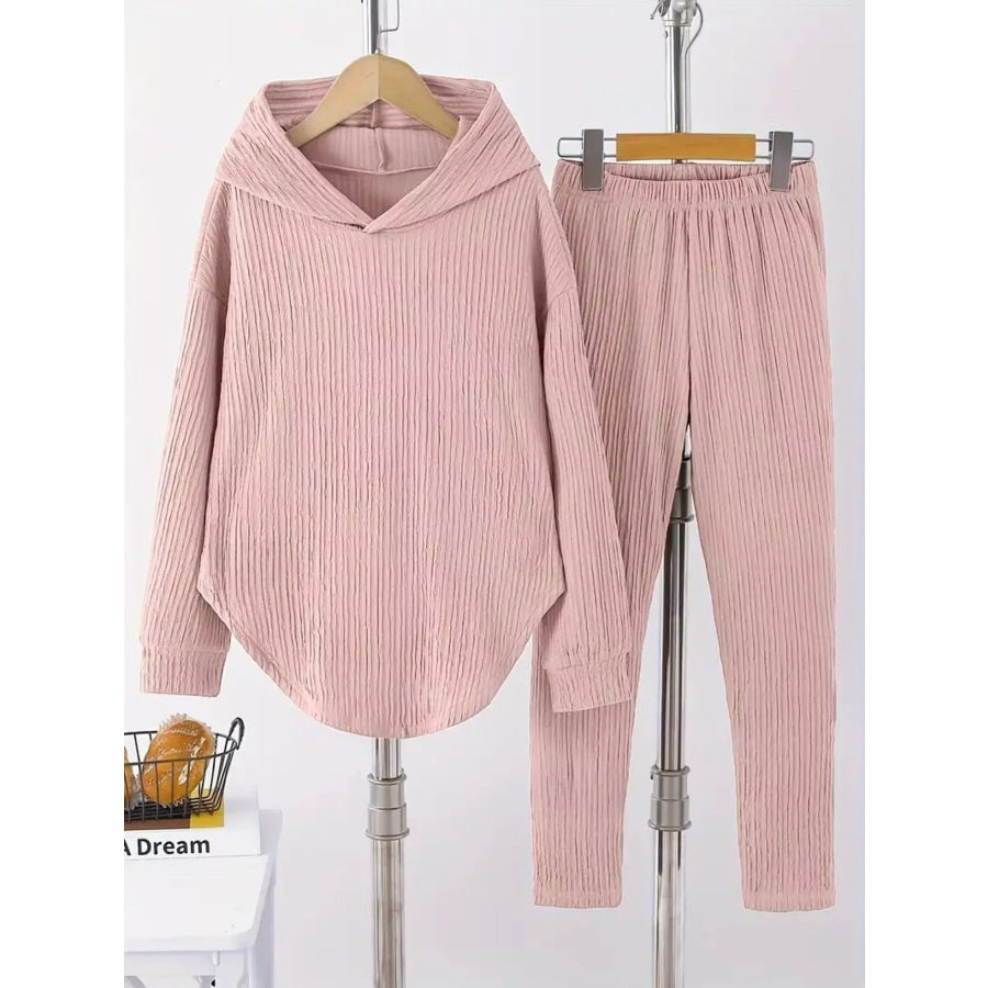 Textured Long Sleeve Hoodie and Pants Set Pink / S Apparel and Accessories