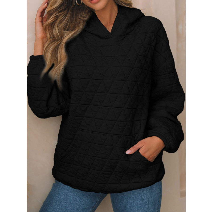 Textured Long Sleeve Hoodie with Pockets Black / S Apparel and Accessories