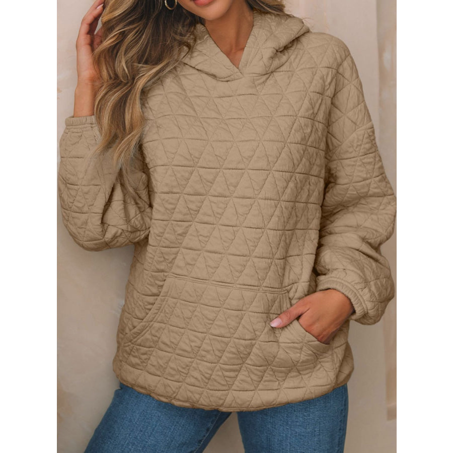 Textured Long Sleeve Hoodie with Pockets Camel / S Apparel and Accessories