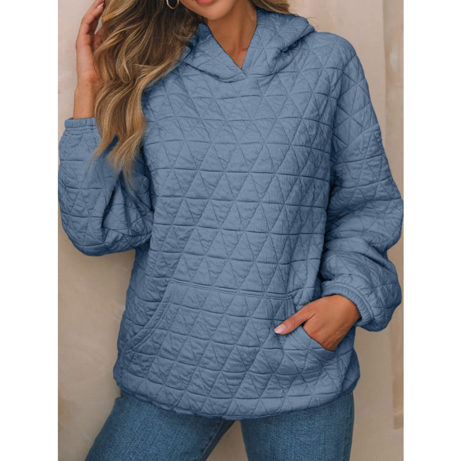 Textured Long Sleeve Hoodie with Pockets Dusty Blue / S Apparel and Accessories