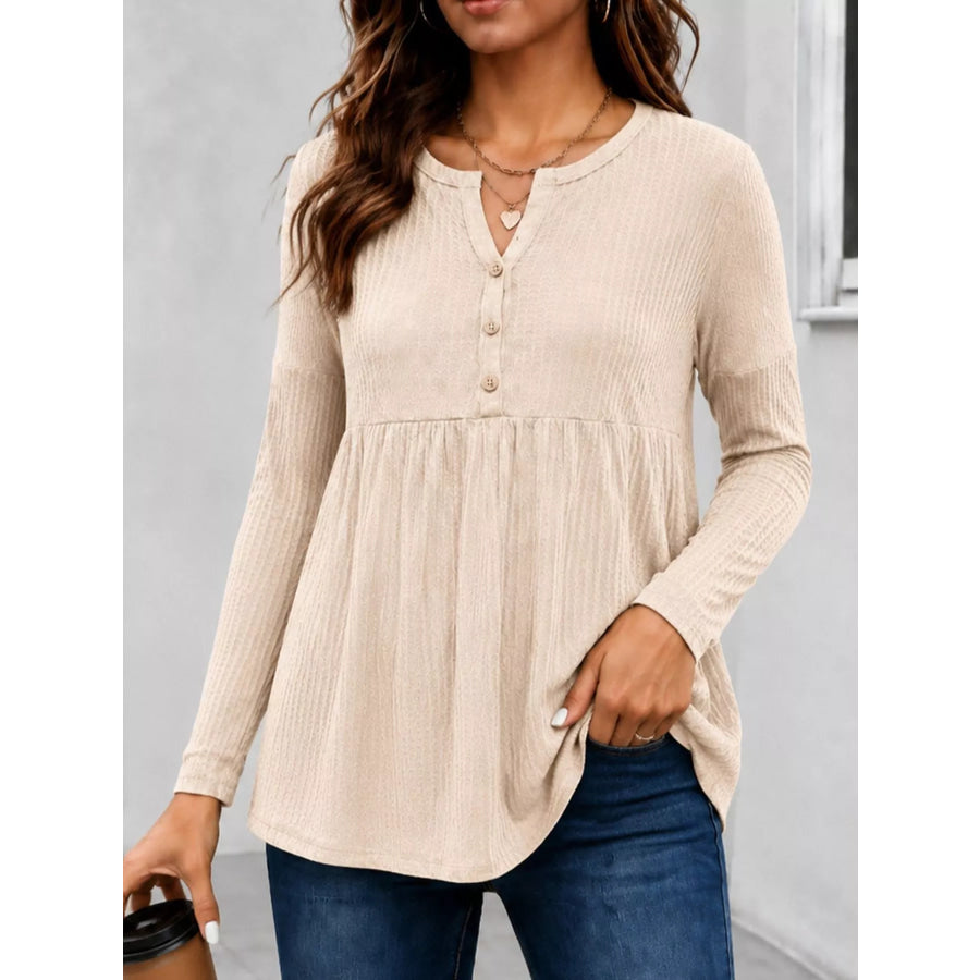 Textured Long Sleeve Peplum Top Beige / S Apparel and Accessories