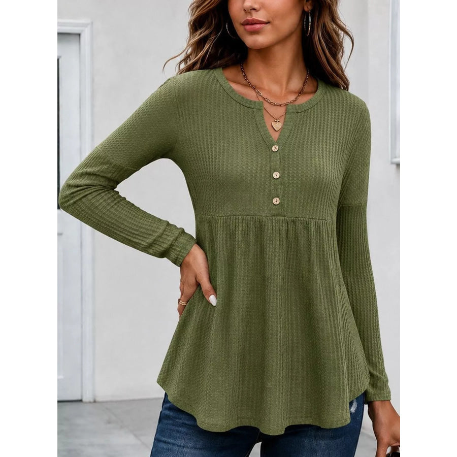 Textured Long Sleeve Peplum Top Moss / S Apparel and Accessories