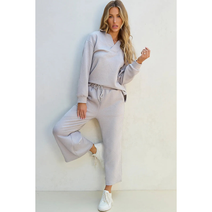 Textured Long Sleeve Top and Drawstring Pants Set Apparel and Accessories