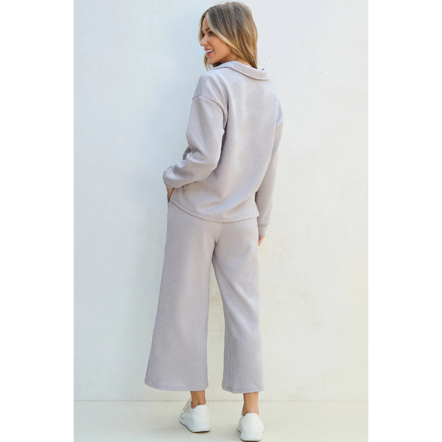 Textured Long Sleeve Top and Drawstring Pants Set Apparel and Accessories