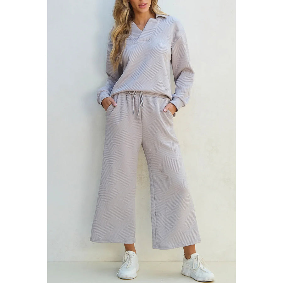 Textured Long Sleeve Top and Drawstring Pants Set Gray / S Apparel and Accessories