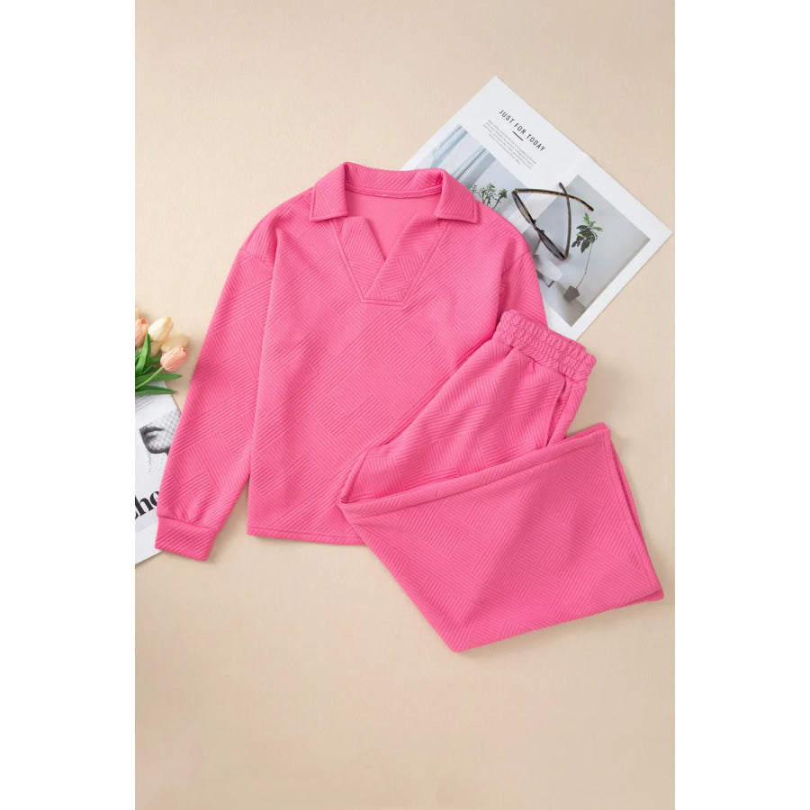 Textured Long Sleeve Top and Drawstring Pants Set Hot Pink / S Apparel and Accessories