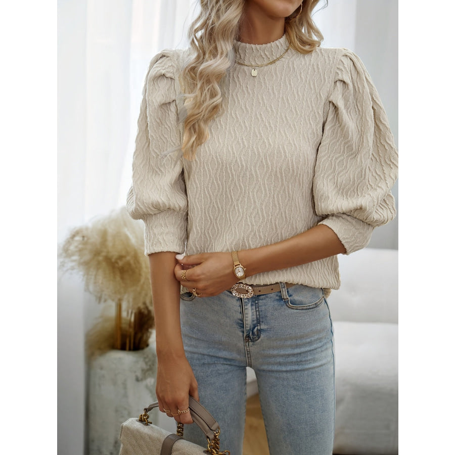 Textured Mock Neck Half Sleeve Blouse Apparel and Accessories