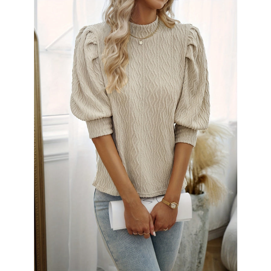 Textured Mock Neck Half Sleeve Blouse Apparel and Accessories