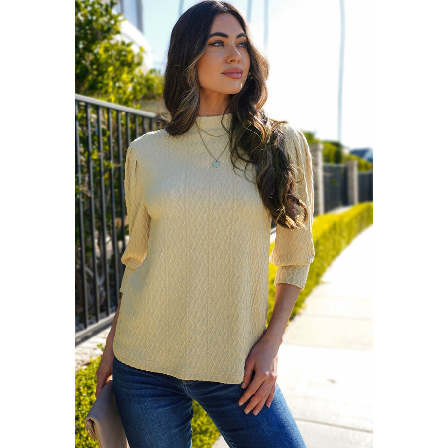 Textured Mock Neck Three-Quarter Sleeve Top Apparel and Accessories