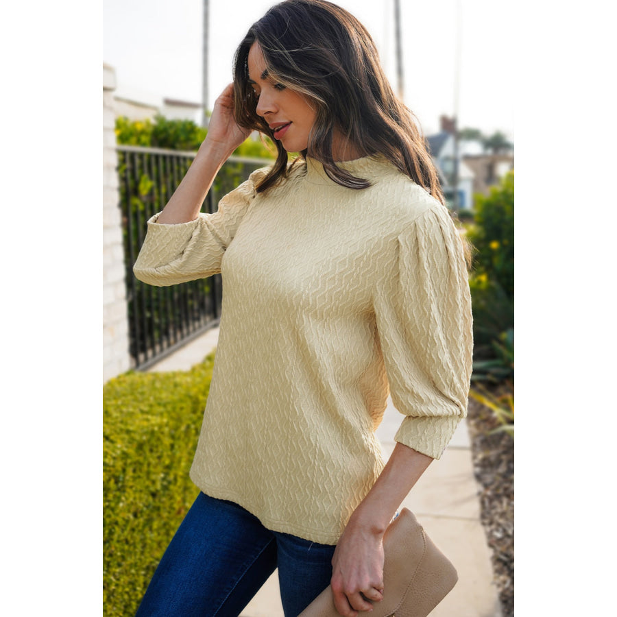 Textured Mock Neck Three-Quarter Sleeve Top Apparel and Accessories