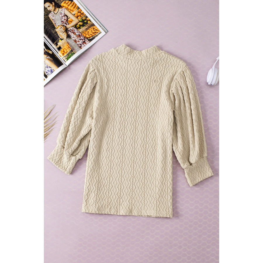 Textured Mock Neck Three-Quarter Sleeve Top Apparel and Accessories