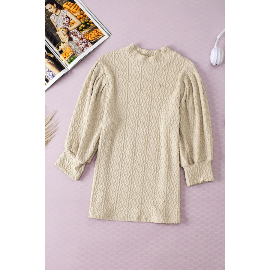 Textured Mock Neck Three-Quarter Sleeve Top Apparel and Accessories