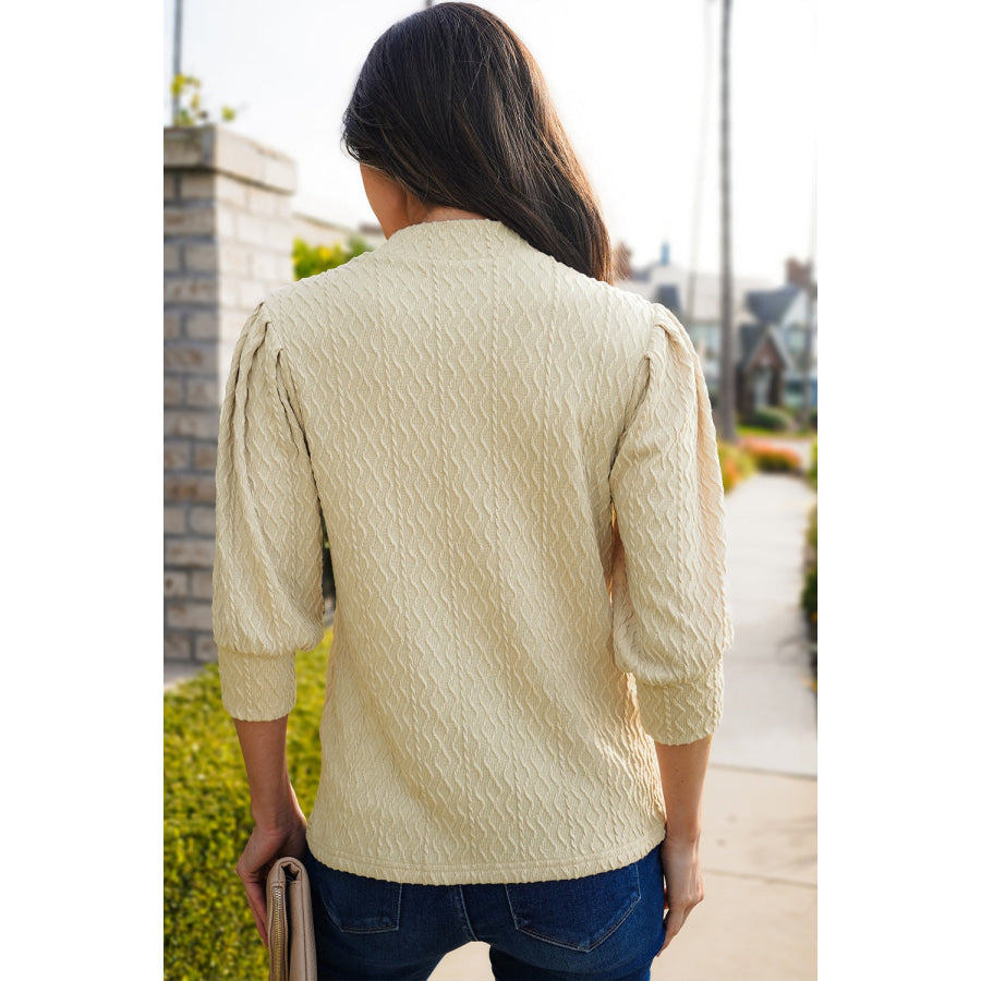 Textured Mock Neck Three-Quarter Sleeve Top Apparel and Accessories