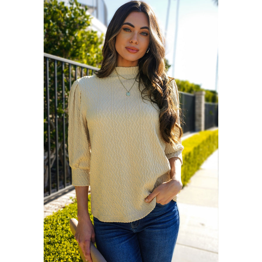 Textured Mock Neck Three-Quarter Sleeve Top Beige / S Apparel and Accessories