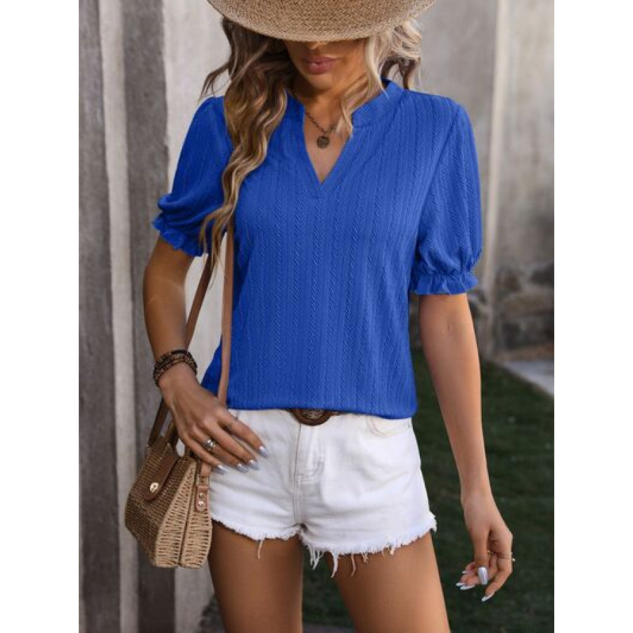 Textured Notched Flounce Sleeve Blouse Apparel and Accessories