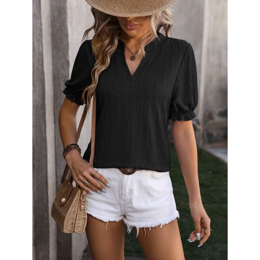 Textured Notched Flounce Sleeve Blouse Apparel and Accessories