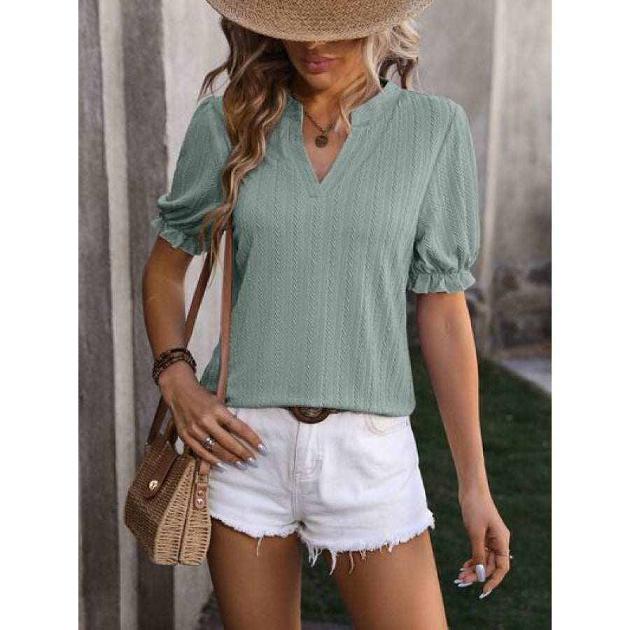 Textured Notched Flounce Sleeve Blouse Apparel and Accessories