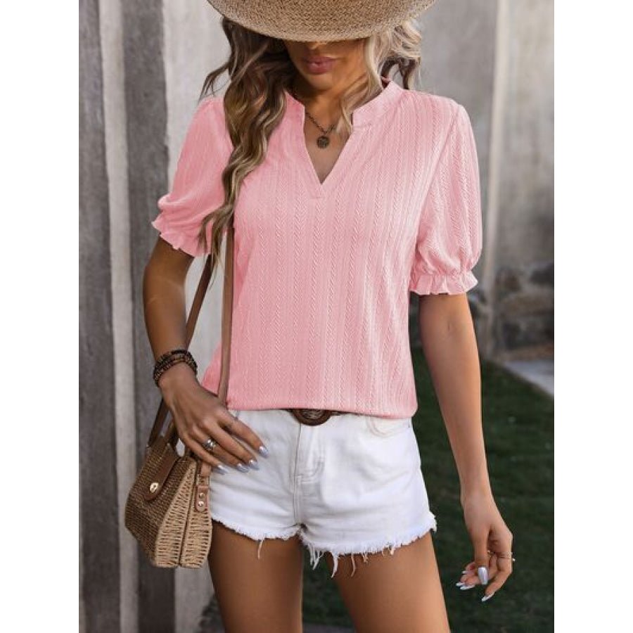 Textured Notched Flounce Sleeve Blouse Apparel and Accessories