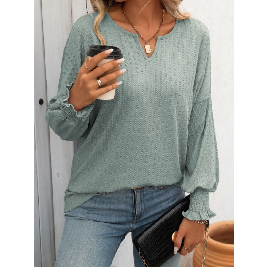 Textured Notched Lantern Sleeve T-Shirt Apparel and Accessories