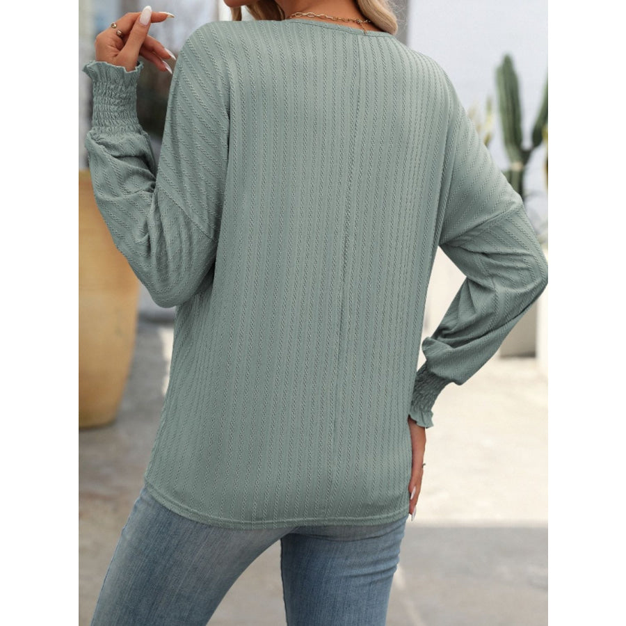 Textured Notched Lantern Sleeve T-Shirt Apparel and Accessories