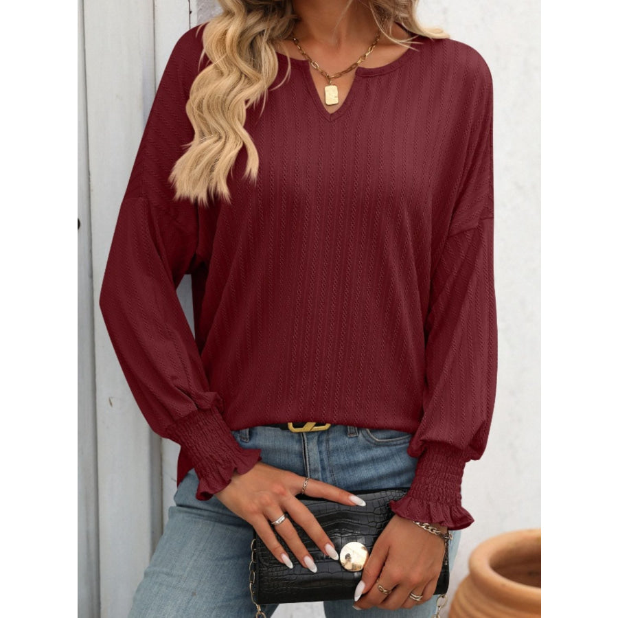 Textured Notched Lantern Sleeve T-Shirt Apparel and Accessories