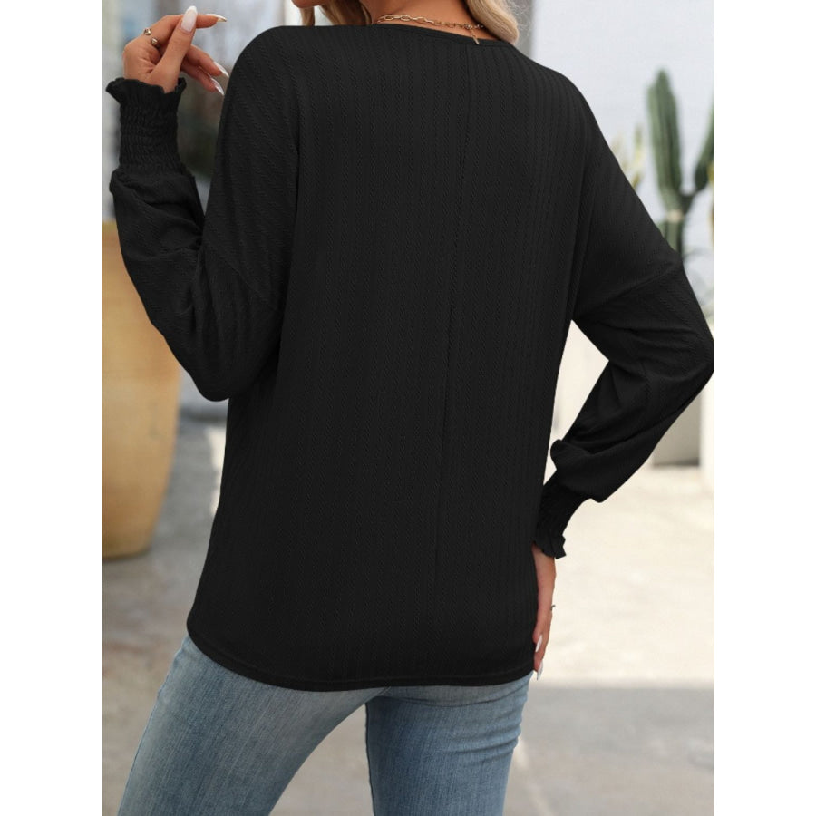 Textured Notched Lantern Sleeve T-Shirt Apparel and Accessories